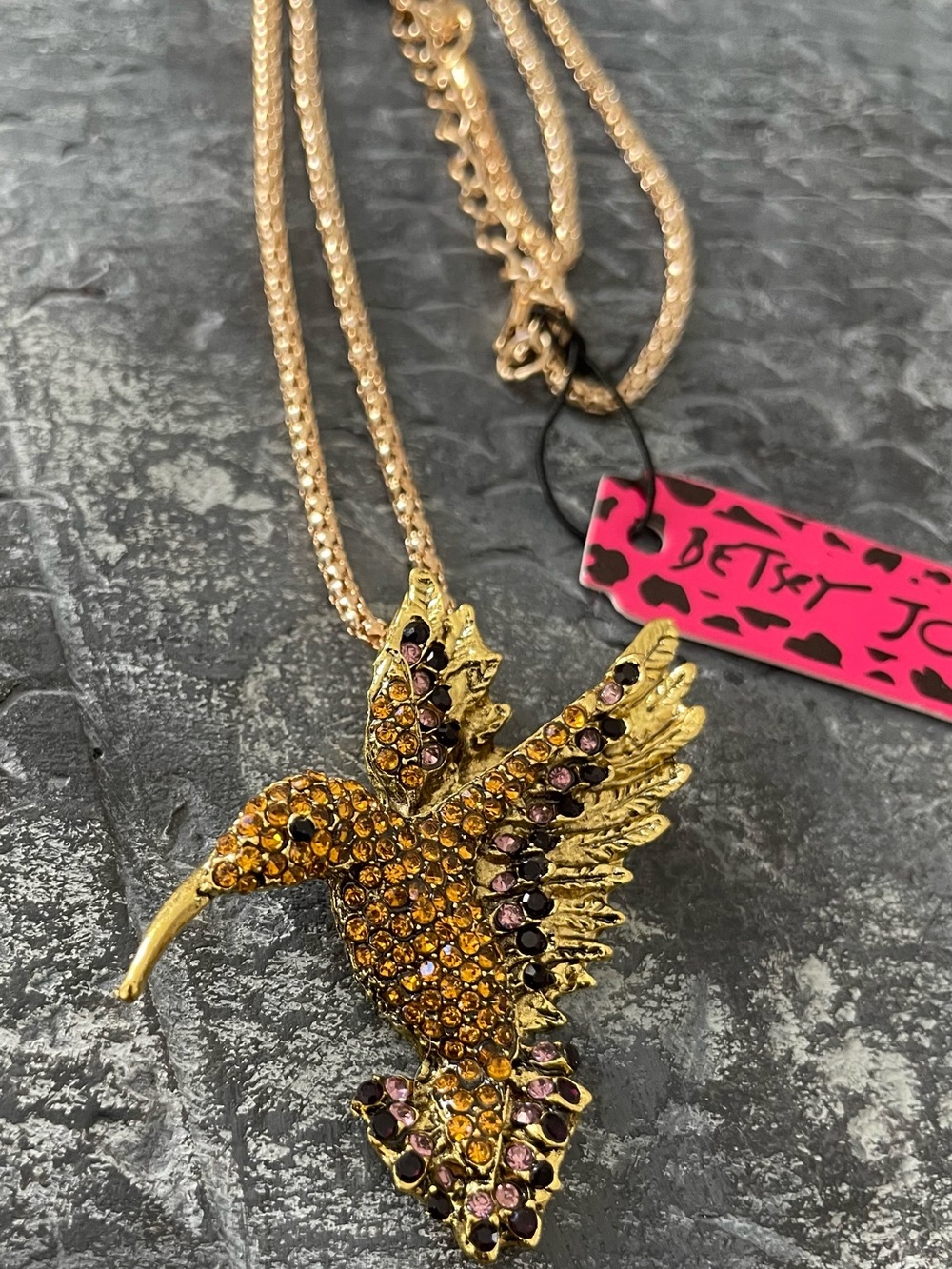 Betsey Johnson Gold Hummingbird Necklace with Amber and Pink Crystals